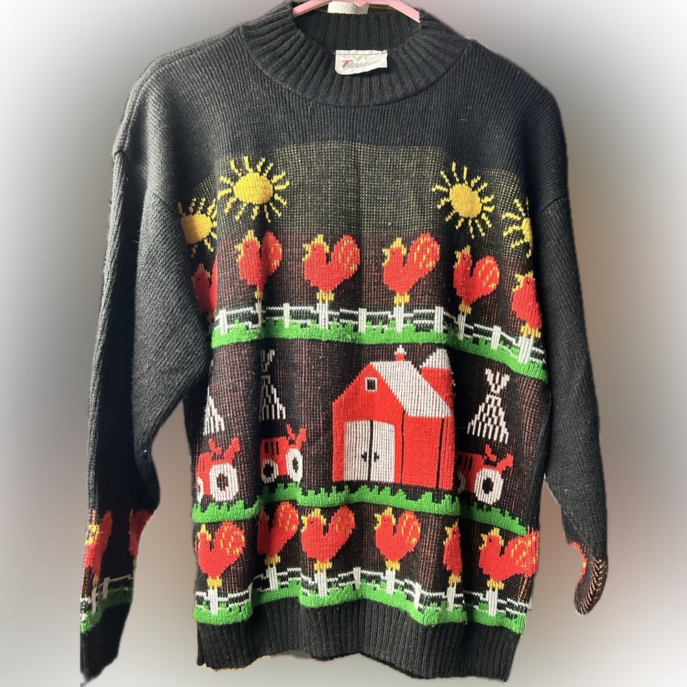 Vintage Teasers brand sweater with farm motif women size L